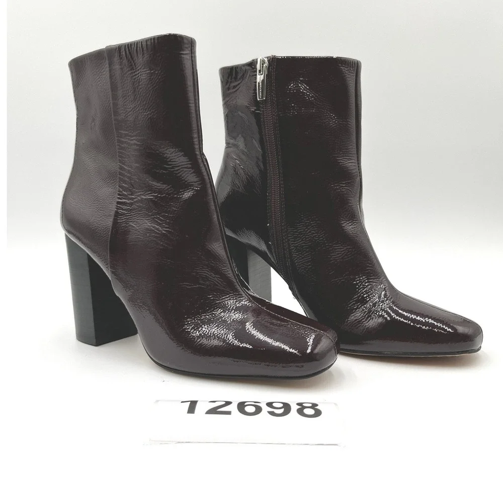 Vince Camuto Patent Leather Bootie Womens 9 Burgundy Excellent Block Heel Square